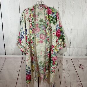 April Cornell Floral Waffle Knit Robe Kimono S M Belted Cottage Prairie Garden